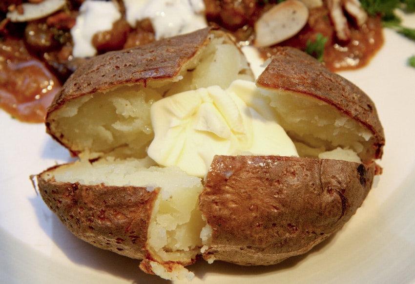 Baked potatoes are a hearty snack.