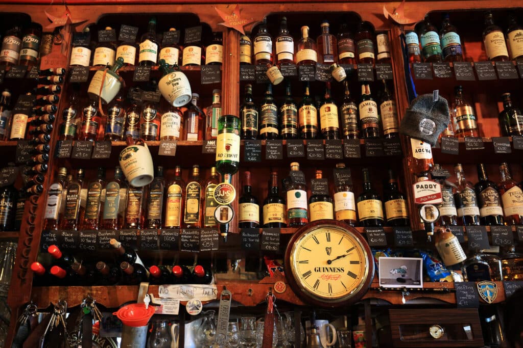 A wall full of Irish whiskies at Dick Mack's in Dingle.