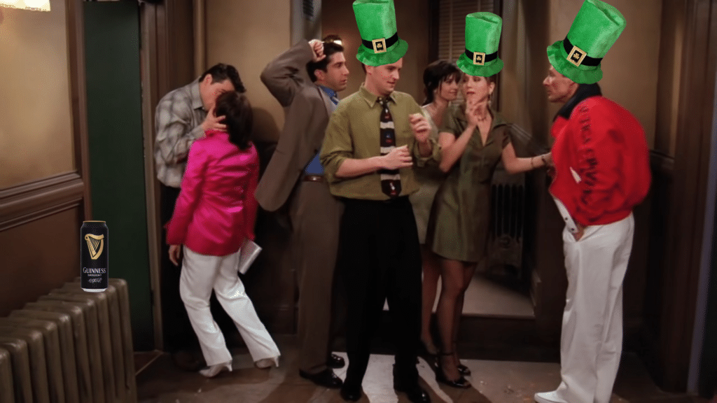 The cast of Friends partying and wearing leprechaun hats.