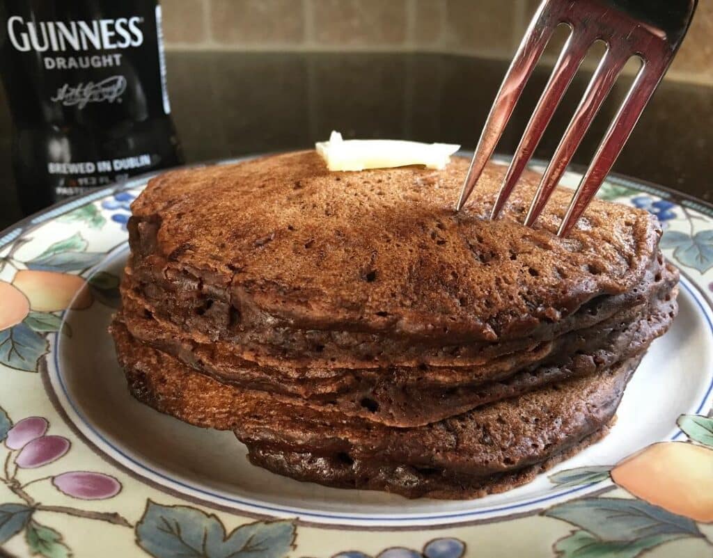 Guinness pancakes being pierced by a fork.