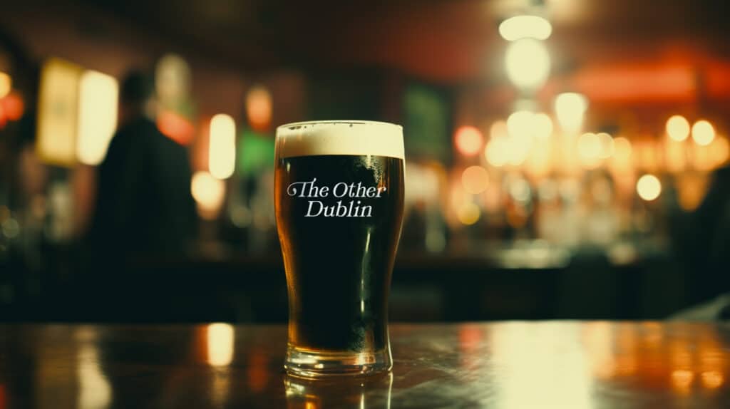 A pint glass with the words 'The Other Dublin' written in white.