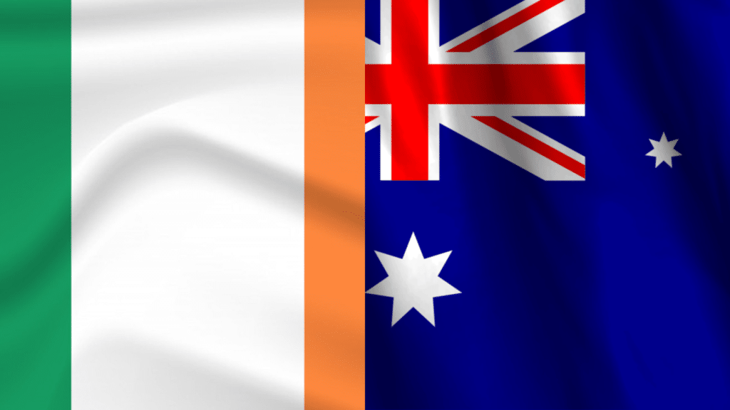 An Ireland flag and an Australia flag. 90% of Irish emigrants to Australia told us they were happy with their move.
