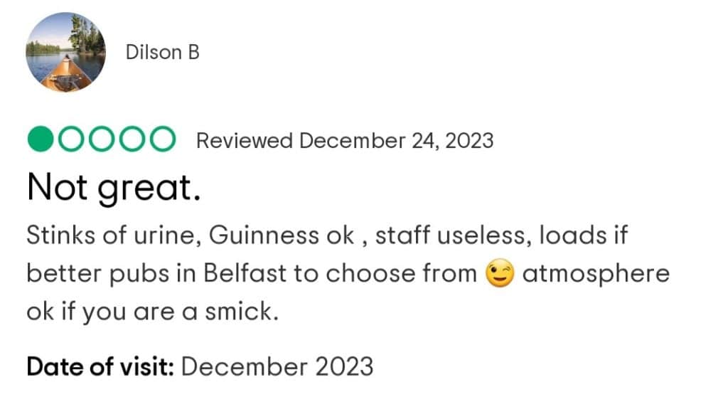 One of the funniest negative Bittles Bar reviews comments that the place "stinks of urine" but the Guinness is "ok".