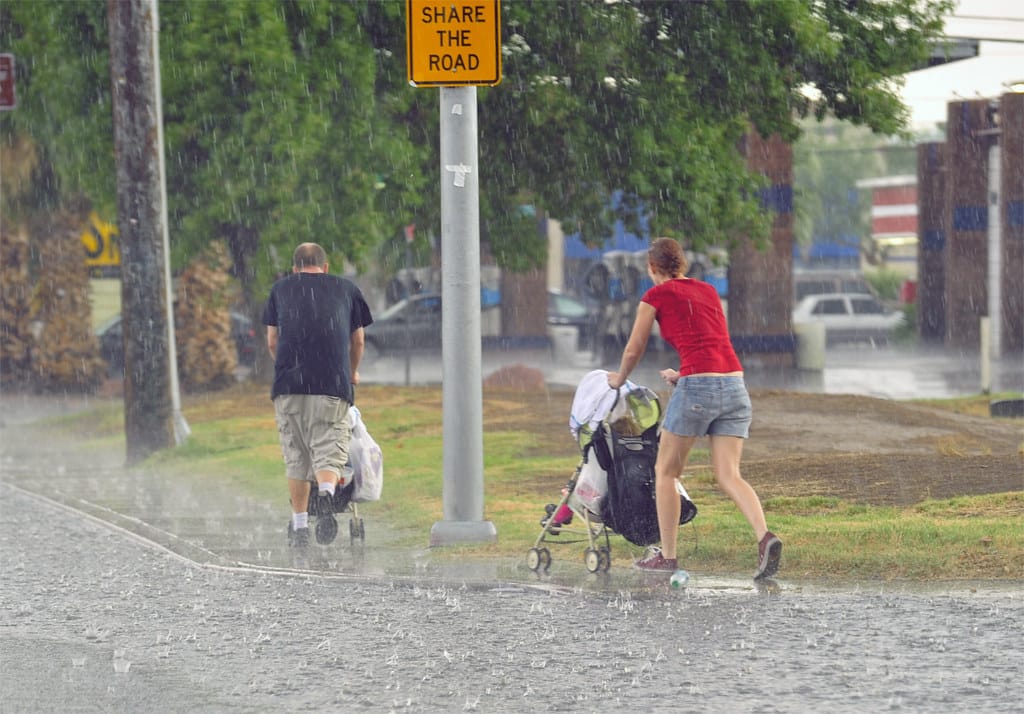 Two people pushing prams are caught in the rain thanks to an incorrect weather forecast, as Met Éireann admits to randomly generating forecast.
