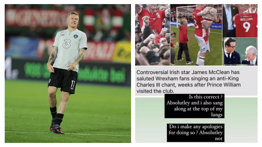 James McClean warming up for Ireland ahead of an international match (left) and his response to the controversial Wrexham chant (right).