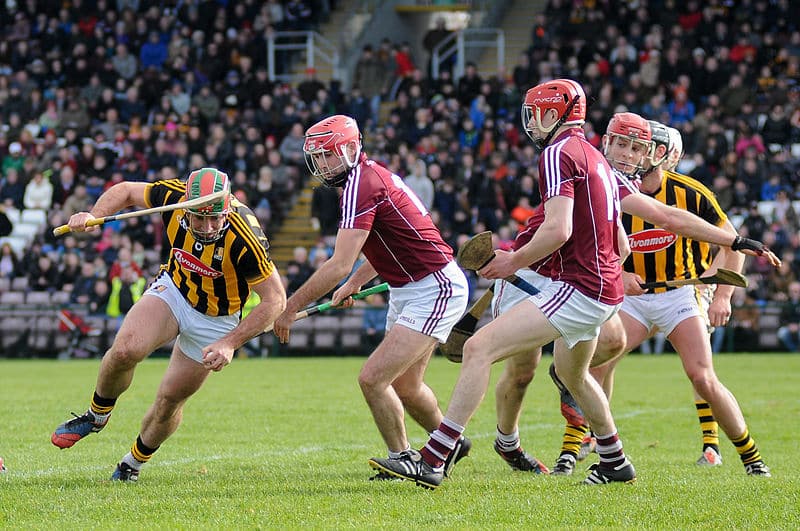 Picture men playing the hurling game. Used to explain why Ireland is obsessed with GAA.