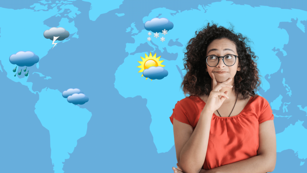 A woman stands in front of a weather forecast graphic with a puzzled face.