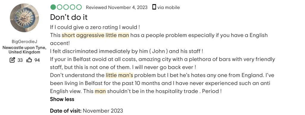 One of the funniest negative Bittles Bar reviews refers to the "short aggressive little man".