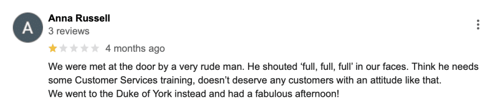 One of the funniest negative Bittles Bar reviews comments that one "very rude man" needs customer service training.