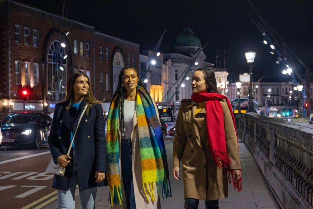 3 girls walking in Cork City, Streetscape, Night Time.