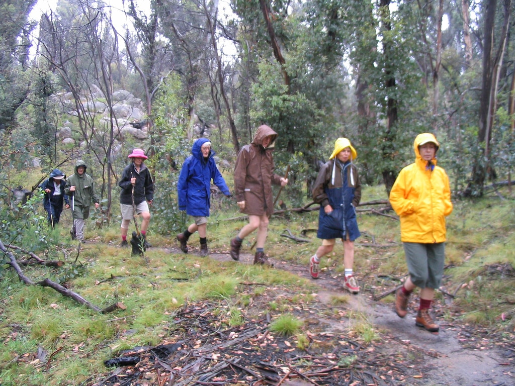 People hiking in the rain.