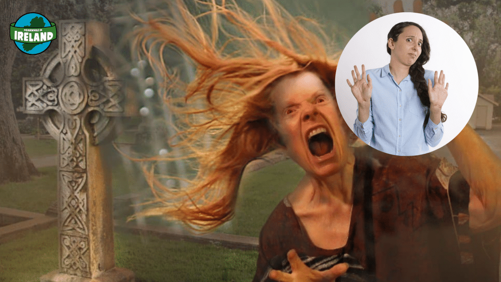 A spectral Banshee keens beside a Celtic cross in a misty graveyard, contrasted by a circular inset of a woman looking skeptical and dismissive, illustrating various weird Irish superstitions.