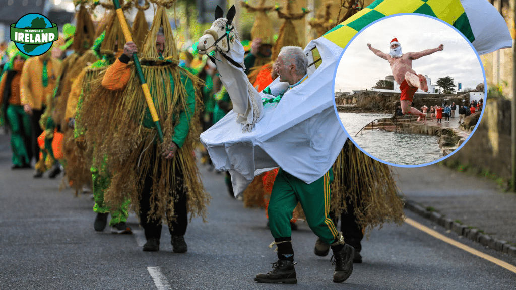 A composite featured image showing a parade of Wren Boys in traditional straw suits, with a circular inset of a man in a Santa hat leaping into the sea.