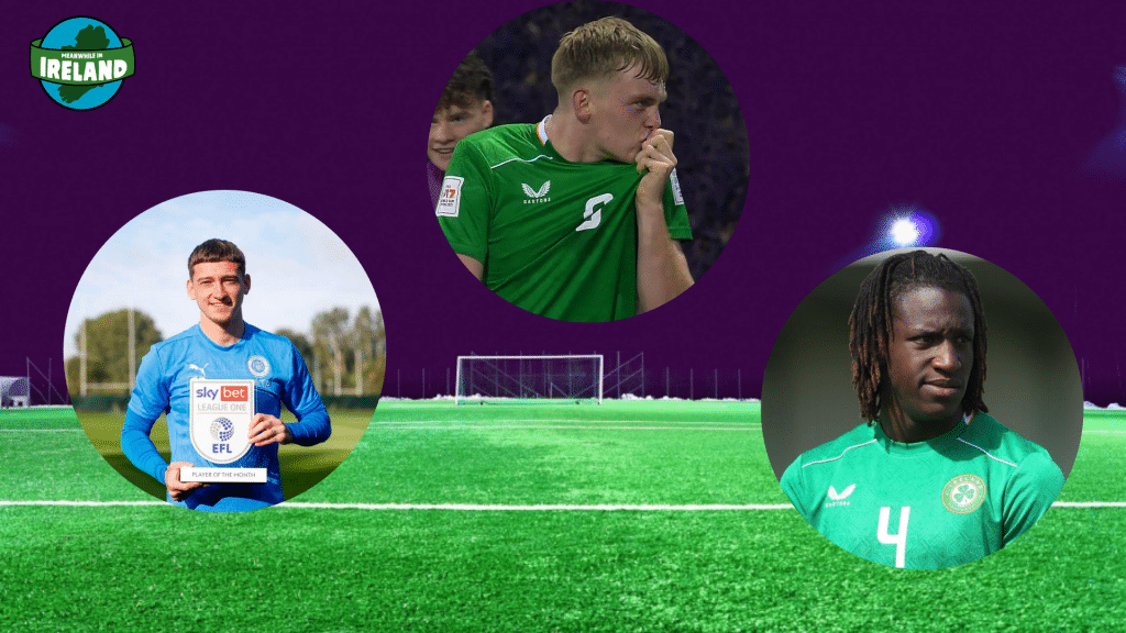 A graphic featuring circular portraits of Louie Barry, Michael Noonan, and Bosun Lawal over a green football pitch and purple background.