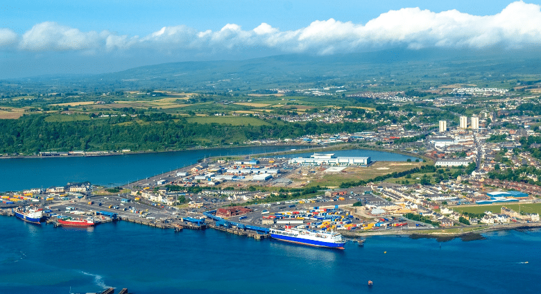 An aerial view of the port town of Larne