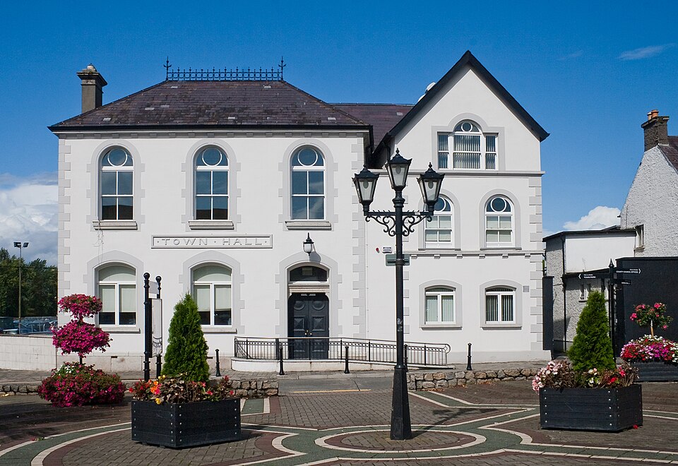 The white, two-storey Carlow Town Hall building featuring arched windows and a dark slated roof, viewed from a paved plaza decorated with a vintage-style lamp post and several planters filled with vibrant flowers.